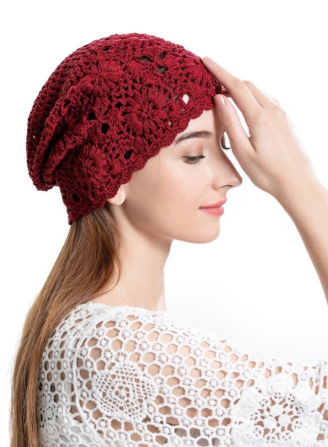 ZLYC Women Cotton Crochet Slouchy Beanie Hat Handmade Knit Summer Skull Cap, Solid Red, One Size - Image 3