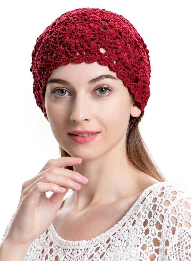 ZLYC Women Cotton Crochet Slouchy Beanie Hat Handmade Knit Summer Skull Cap, Solid Red, One Size - Image 2