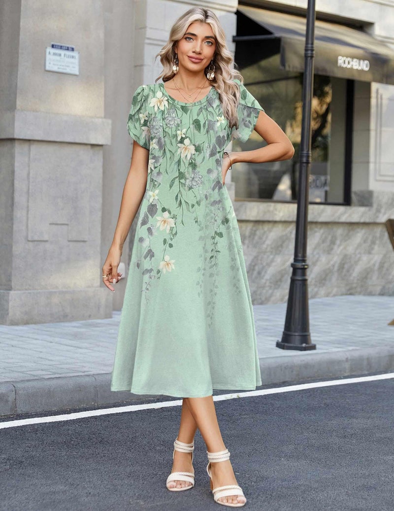 Zeagoo Spring Midi Dresses for Women Casual Summer Dress Fit and Flare Dress 2026 Boho Floral Sundress for Beach, Mint Floral XL - Image 2