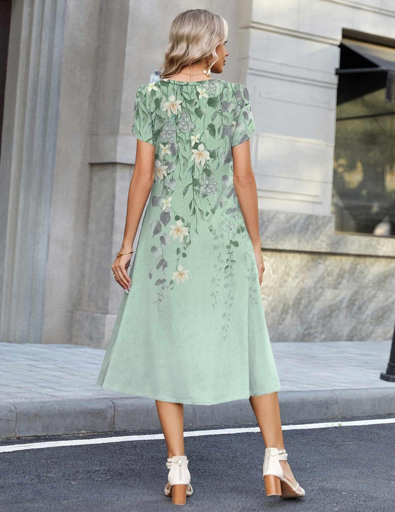 Zeagoo Spring Midi Dresses for Women Casual Summer Dress Fit and Flare Dress 2026 Boho Floral Sundress for Beach, Mint Floral XL - Image 3