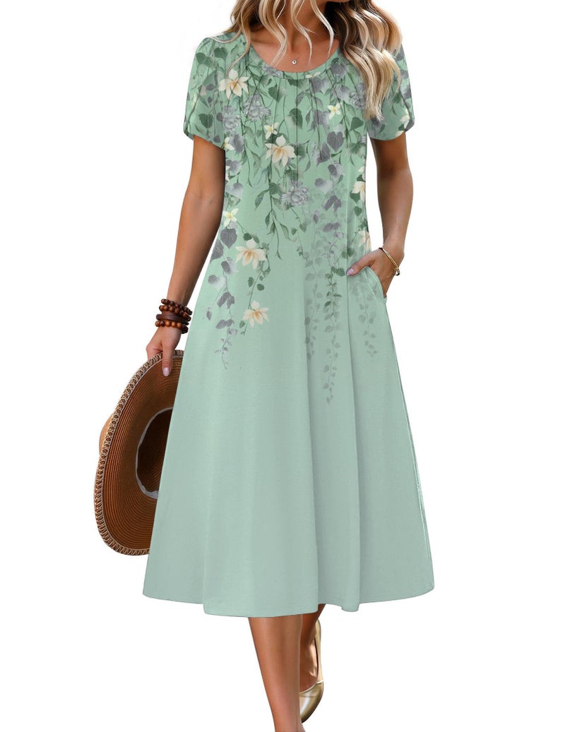 Zeagoo Spring Midi Dresses for Women Casual Summer Dress Fit and Flare Dress 2026 Boho Floral Sundress for Beach, Mint Floral XL - Image 1