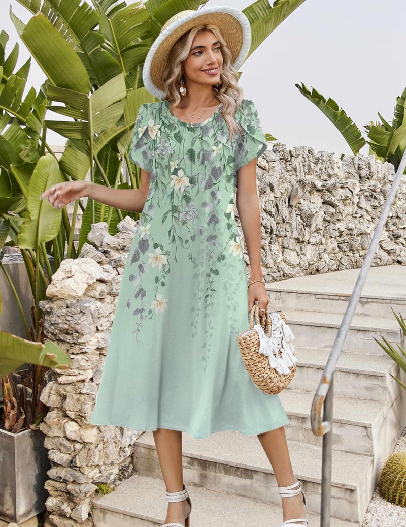 Zeagoo Spring Midi Dresses for Women Casual Summer Dress Fit and Flare Dress 2026 Boho Floral Sundress for Beach, Mint Floral XL - Image 5