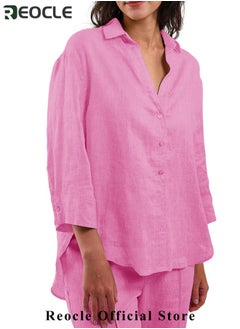 REOCLE Women's 2 Piece Outfit Linen Lapel Long Sleeve Shirt & Wide Leg Pants Sets Spring Autumn Casual Solid Color Loungewear  - Image 2