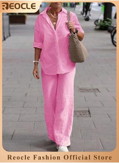 REOCLE Women's 2 Piece Outfit Linen Lapel Long Sleeve Shirt & Wide Leg Pants Sets Spring Autumn Casual Solid Color Loungewear  - Image 1