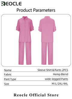 REOCLE Women's 2 Piece Outfit Linen Lapel Long Sleeve Shirt & Wide Leg Pants Sets Spring Autumn Casual Solid Color Loungewear  - Image 5