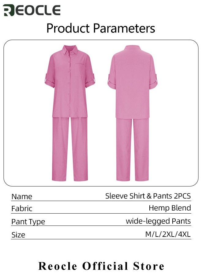 REOCLE - Women's 2 Piece Outfit Linen Lapel Long Sleeve Shirt & Wide Leg Pants Sets Spring Autumn Casual Solid Color Loungewear - Image 1