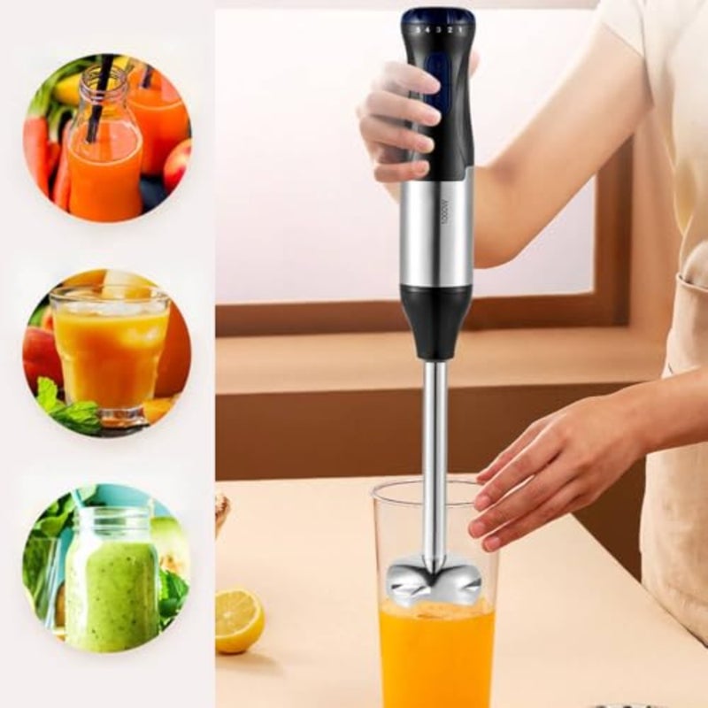 Kitchen hand blender set, stainless steel body, black color, 4-in-1 multifunctional with 1000W power and 5-speed control - Image 2