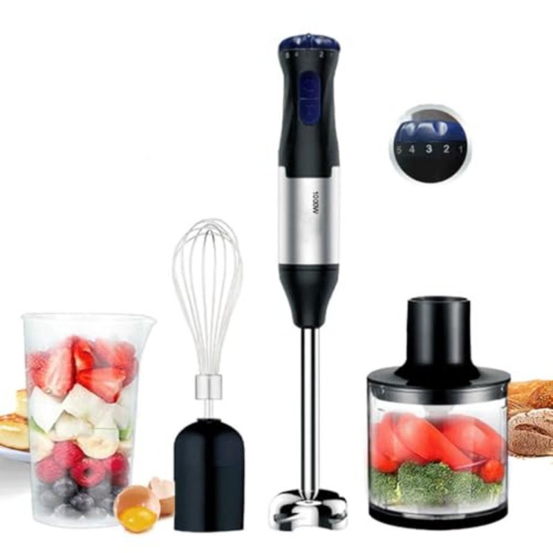 Kitchen hand blender set, stainless steel body, black color, 4-in-1 multifunctional with 1000W power and 5-speed control - Image 1