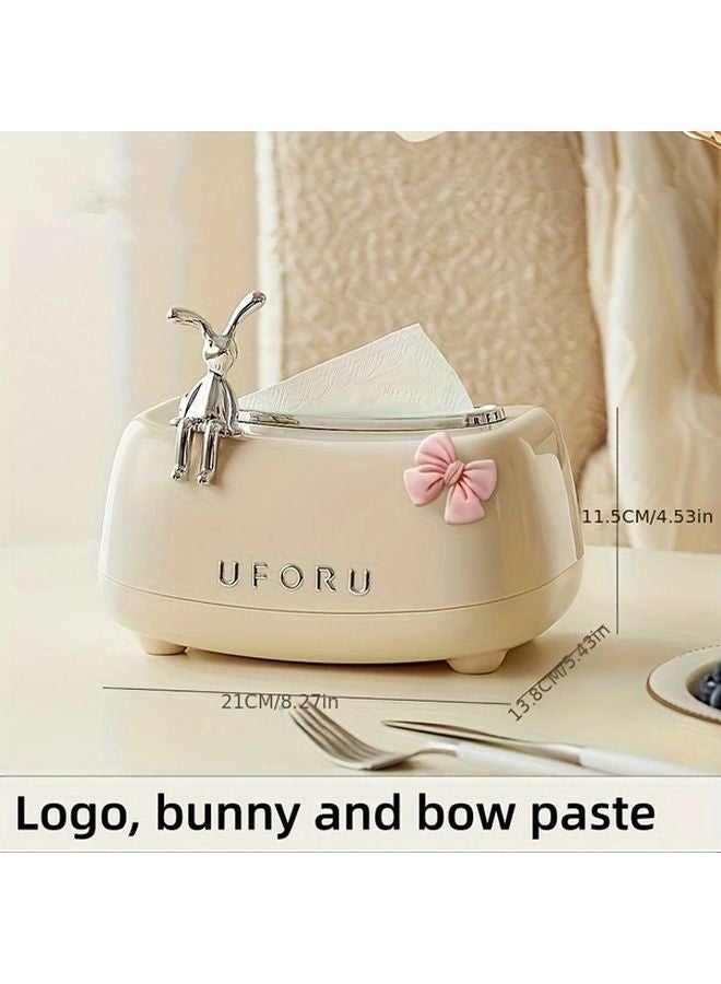 Cream White Rabbit Tissue Box Cover Round Plastic Napkin Dispenser For Home Decor - Image 1