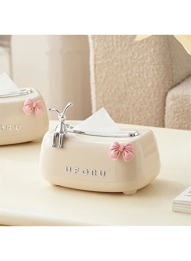 Cream White Rabbit Tissue Box Cover Round Plastic Napkin Dispenser For Home Decor - Image 3