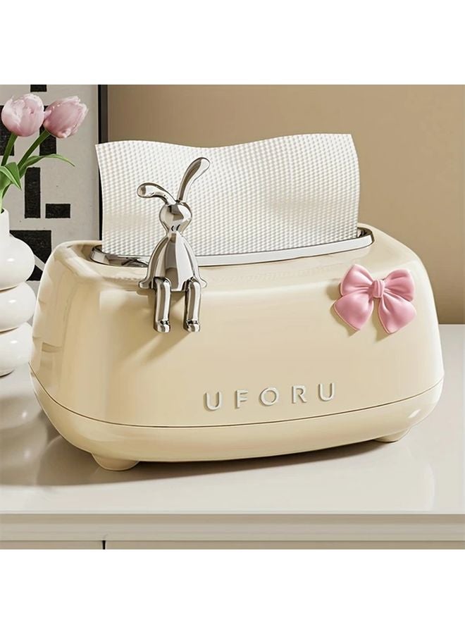 Cream White Rabbit Tissue Box Cover Round Plastic Napkin Dispenser For Home Decor - Image 5