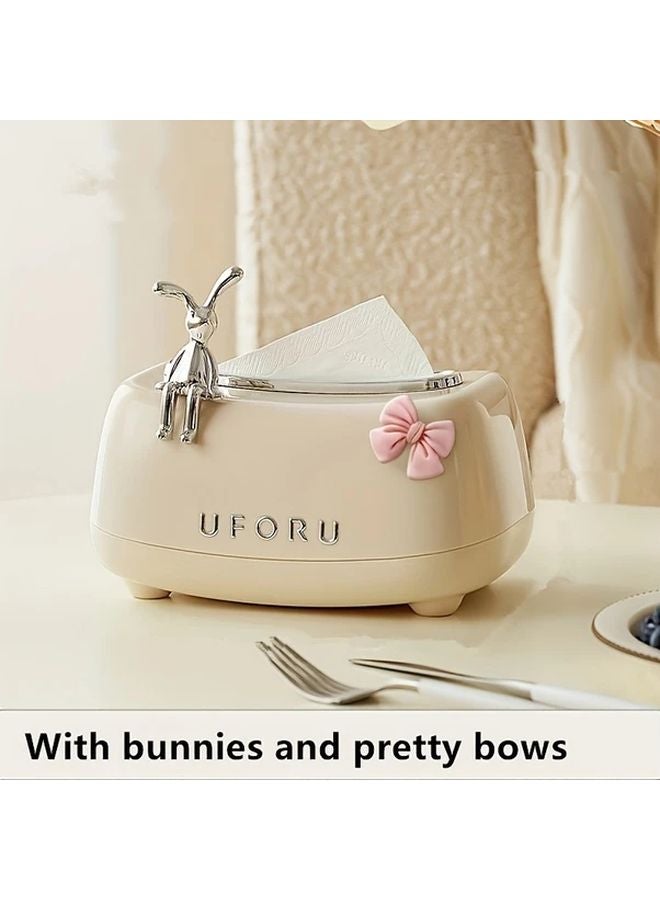 Cream White Rabbit Tissue Box Cover Round Plastic Napkin Dispenser For Home Decor - Image 2