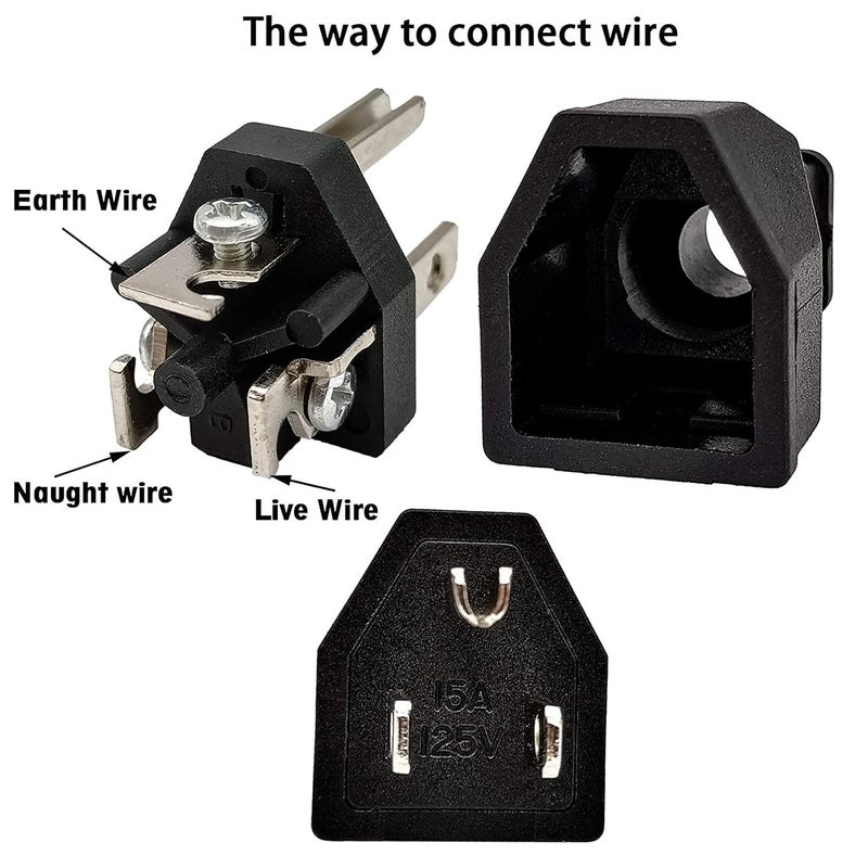WOWSOME WOWSOME USA Plug 3 Pin 15A 125V Wiring Male Top Plug for USA Japan Canada Mexico Philippines Three Pin Plug Set of 2 Black - Image 2