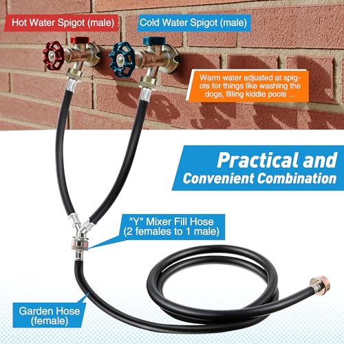 Dreyoo Y Mixer Hose Connector with Washing Machine Hose, 1FT Hot and Cold Water Supply Splitter and 6FT Washing Machine Connector(Black,Rubber) - Image 3