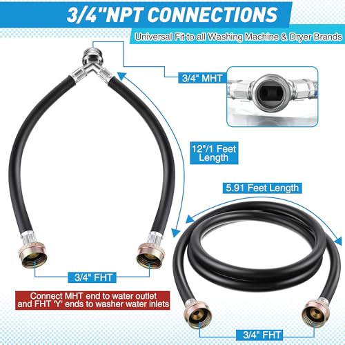 Dreyoo Y Mixer Hose Connector with Washing Machine Hose, 1FT Hot and Cold Water Supply Splitter and 6FT Washing Machine Connector(Black,Rubber) - Image 4