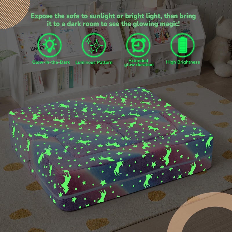 MeMoreCool Glow in the Dark Kids Couch â€“ Modular Fold-Out Toddler Sofa (Rainbow) | Convertible Play Couch for Bedroom & Playroom; Chair, Bed, Fort or Ball Pit; Machine-Washable Velour Cover - Image 4
