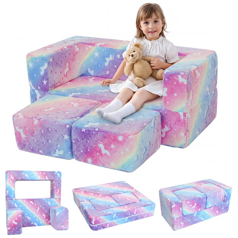 MeMoreCool Glow in the Dark Kids Couch â€“ Modular Fold-Out Toddler Sofa (Rainbow) | Convertible Play Couch for Bedroom & Playroom; Chair, Bed, Fort or Ball Pit; Machine-Washable Velour Cover - Image 1