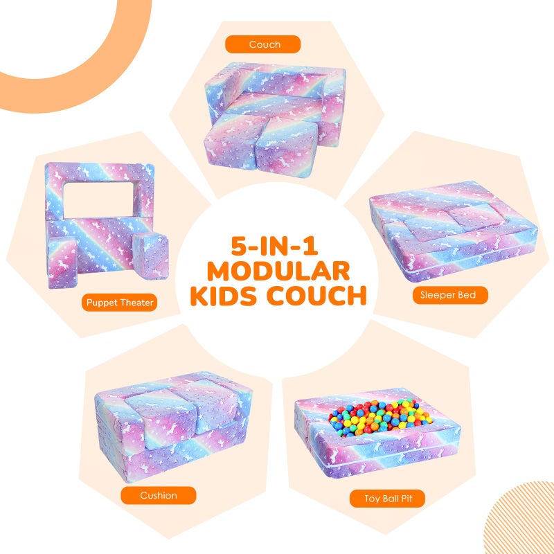 MeMoreCool Glow in the Dark Kids Couch â€“ Modular Fold-Out Toddler Sofa (Rainbow) | Convertible Play Couch for Bedroom & Playroom; Chair, Bed, Fort or Ball Pit; Machine-Washable Velour Cover - Image 2