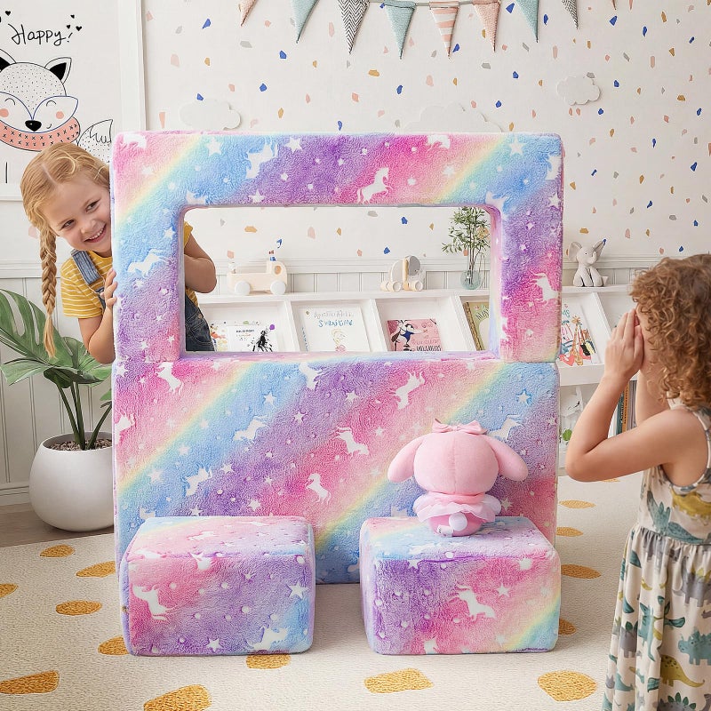 MeMoreCool Glow in the Dark Kids Couch â€“ Modular Fold-Out Toddler Sofa (Rainbow) | Convertible Play Couch for Bedroom & Playroom; Chair, Bed, Fort or Ball Pit; Machine-Washable Velour Cover - Image 3
