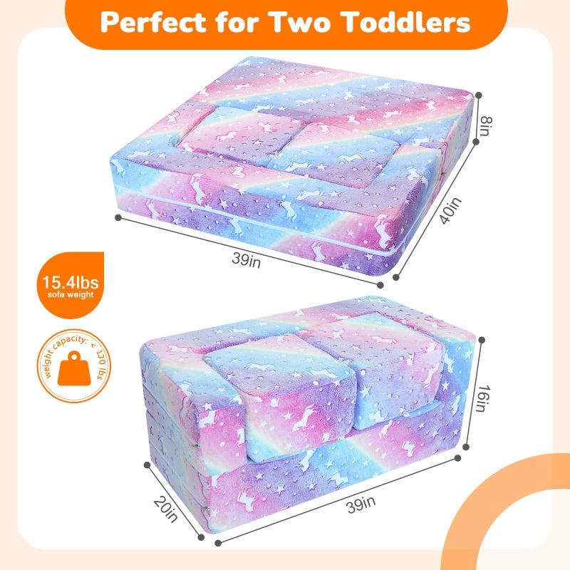 MeMoreCool Glow in the Dark Kids Couch â€“ Modular Fold-Out Toddler Sofa (Rainbow) | Convertible Play Couch for Bedroom & Playroom; Chair, Bed, Fort or Ball Pit; Machine-Washable Velour Cover - Image 5