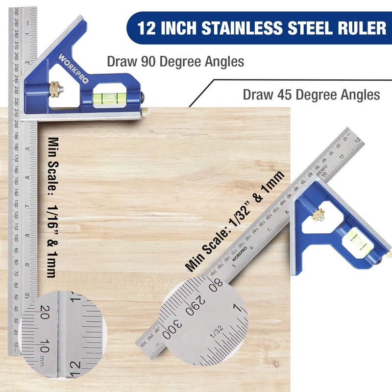WORKPRO Aluminum Alloy Carpenter Square and Zinc-Alloy Square Ruler Set - 7 in. Rafter Layout Tool and 12 in. Combination Square Combo - Image 4