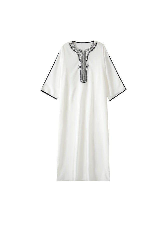 Men's Casual White Kandura with Embroidery, Short Sleeve Traditional Arabic Thobe - Image 1