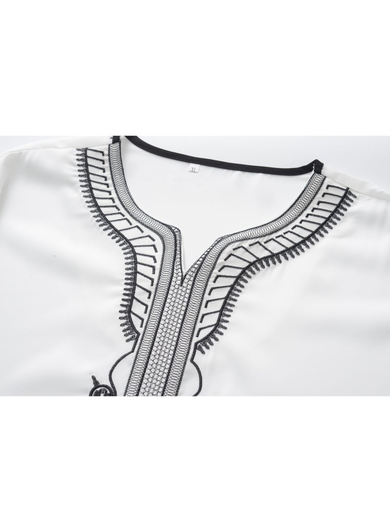 Men's Casual White Kandura with Embroidery, Short Sleeve Traditional Arabic Thobe - Image 3