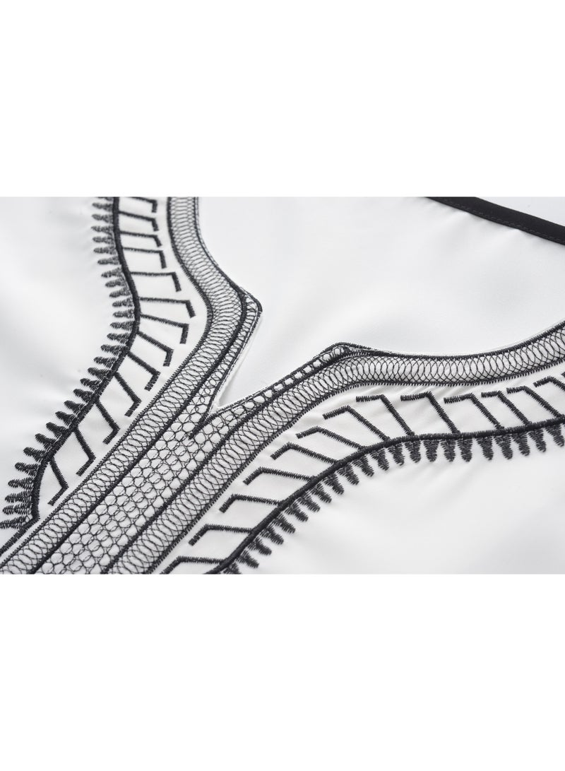 Men's Casual White Kandura with Embroidery, Short Sleeve Traditional Arabic Thobe - Image 5