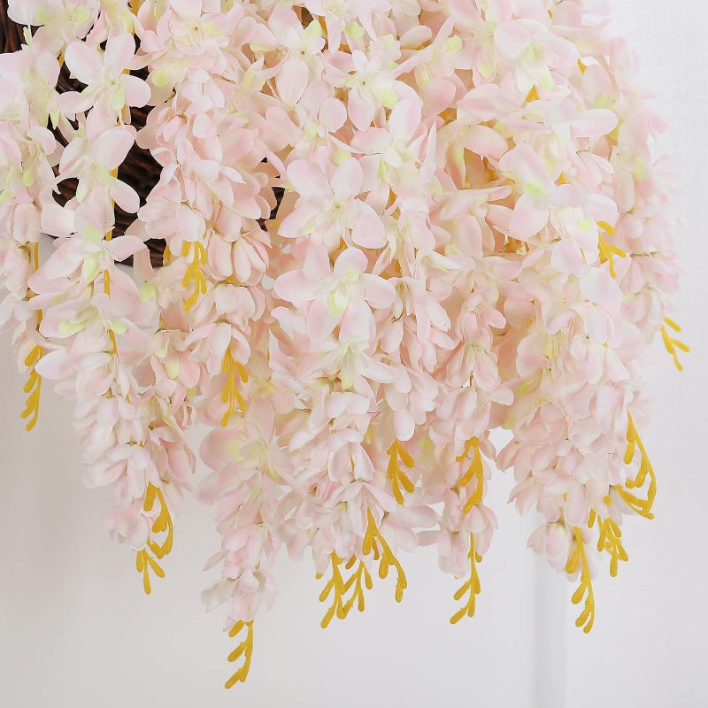 Duovlo Silk Wisteria Flower Artificial 2.13 Feet Hanging Wisteria Vine Fake Flower Bush String Home Party Wedding Decoration,Pack of 4 (Light Pink) - Image 3