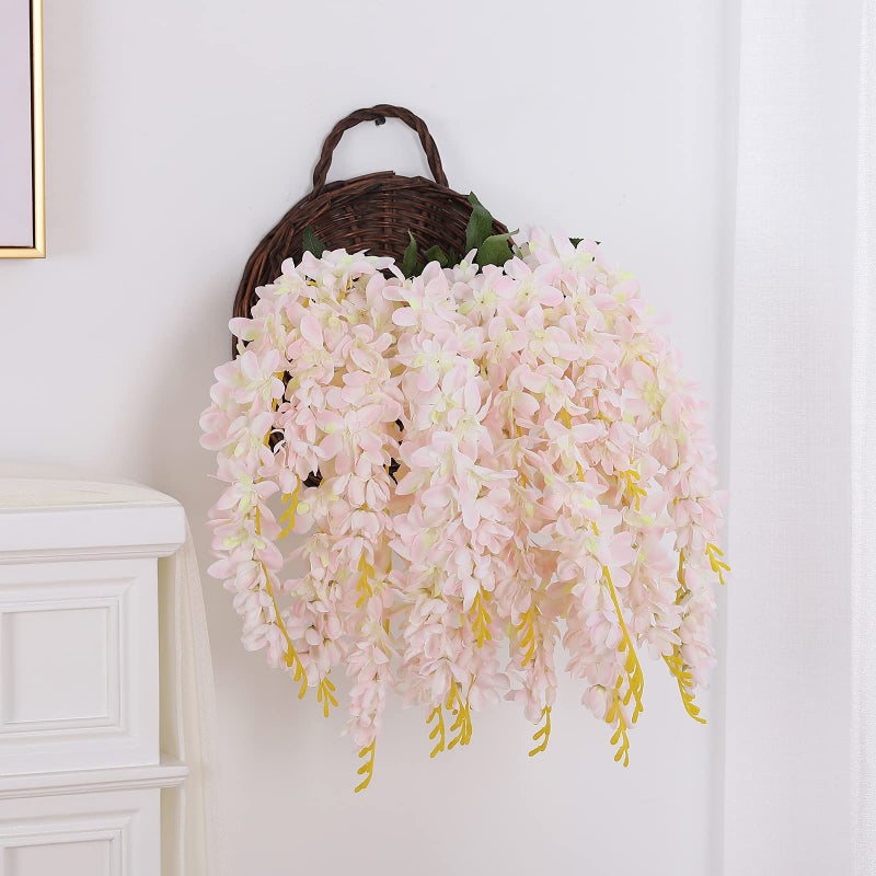 Duovlo Silk Wisteria Flower Artificial 2.13 Feet Hanging Wisteria Vine Fake Flower Bush String Home Party Wedding Decoration,Pack of 4 (Light Pink) - Image 5