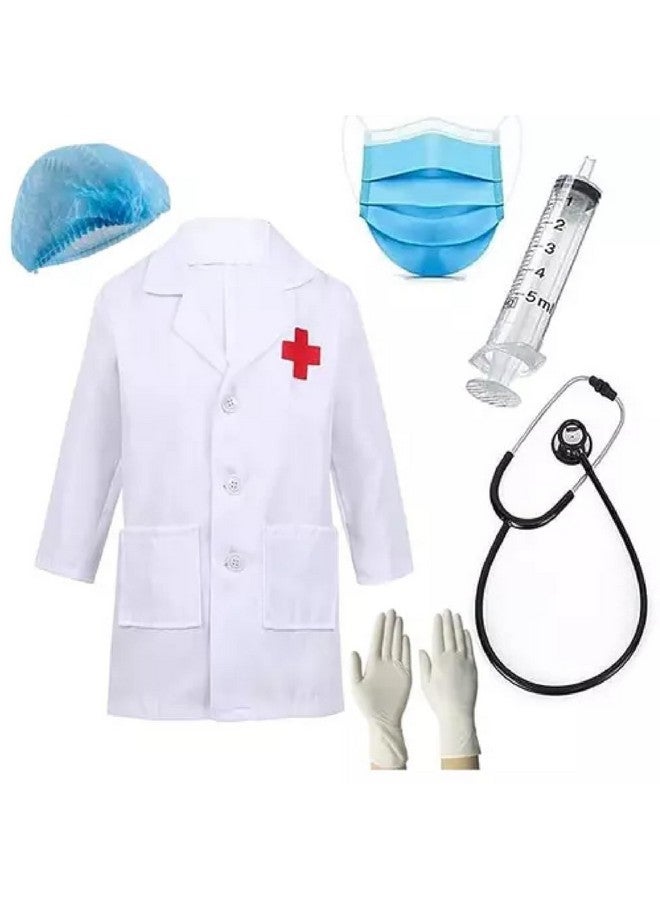 Fancy Dress World Doctor Coat dress for Kids | Doctor Lab dress Costumes for boys & girls | Doctor dress With Stethoscope, Mask, Injection, Cap, Gloves (Set Of 6) 3-4Yrs  - Image 1