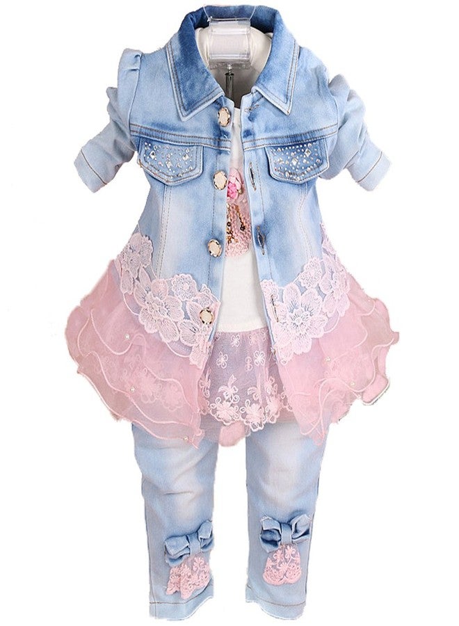 Yao Baby Girls Denim Clothing Sets 3 Pieces Sets T Shirt Denim Jacket and Jeans - Image 1