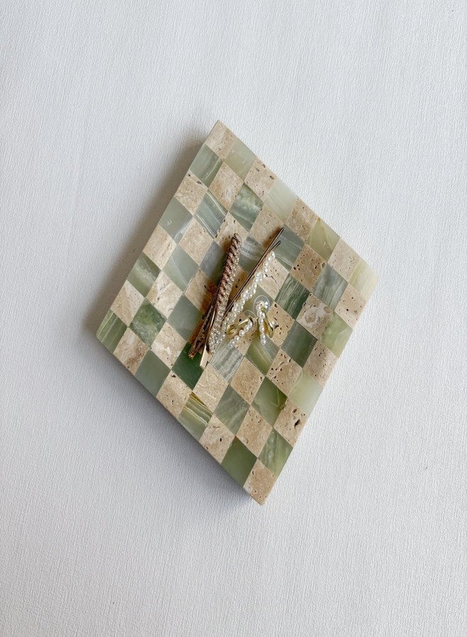 StonePlus Marble Stone Green Onyx with Travertine Checkerboard Square Small Splicing Mosaic Tray Jewelry Dish (Green and Beige) - Image 4