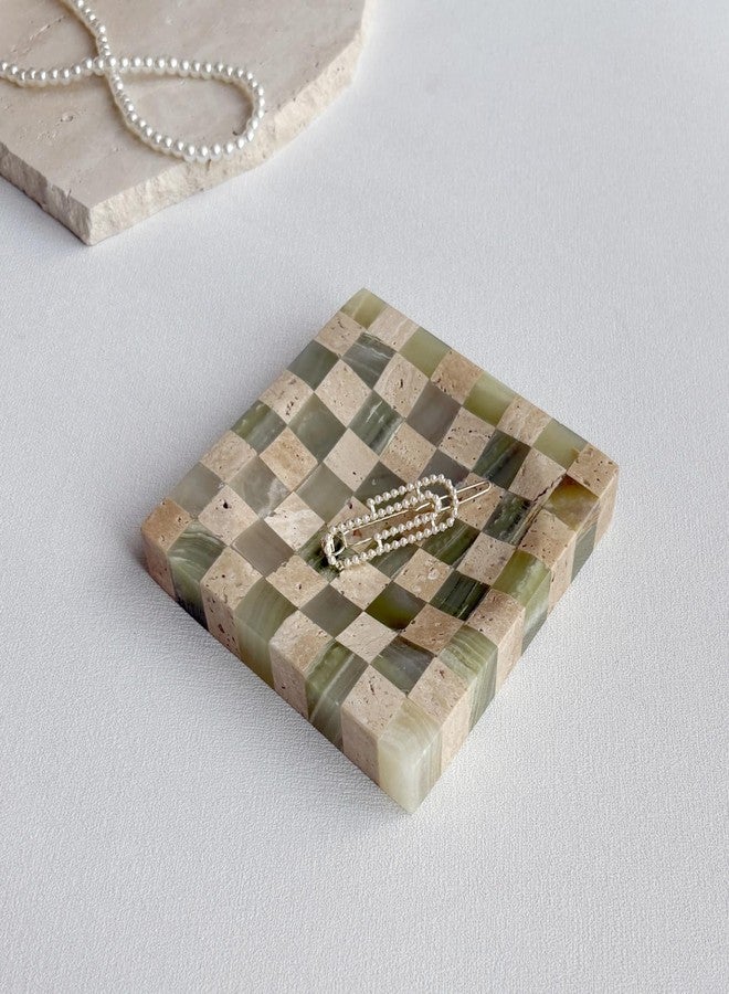 StonePlus Marble Stone Green Onyx with Travertine Checkerboard Square Small Splicing Mosaic Tray Jewelry Dish (Green and Beige) - Image 3