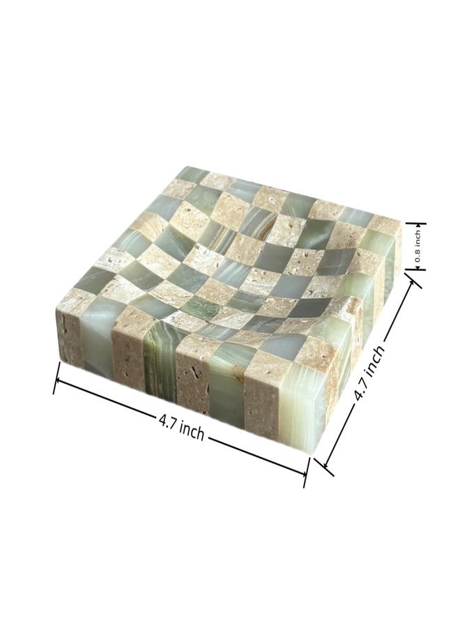 StonePlus Marble Stone Green Onyx with Travertine Checkerboard Square Small Splicing Mosaic Tray Jewelry Dish (Green and Beige) - Image 2