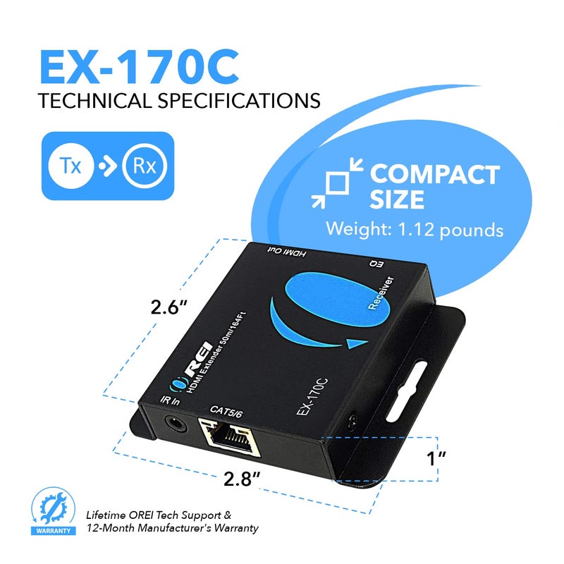 OREI 4K HDMI over Ethernet Extender Over CAT5/CAT6/CAT7, with IR Upto 164 Feet - Loop Out - 4K @ 30Hz 1080P Full HD Signal Distribution (EX-170C) - Image 5