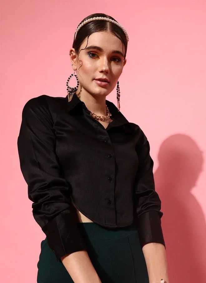 STREET 9 Black Shirt Style Crop Top for Women