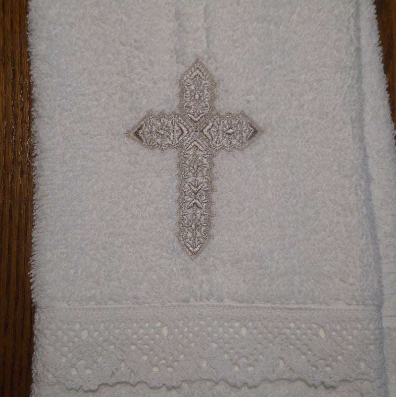 Integrity Designs Baby Baptism Towel with Cross Embroidery and Lace - Image 2