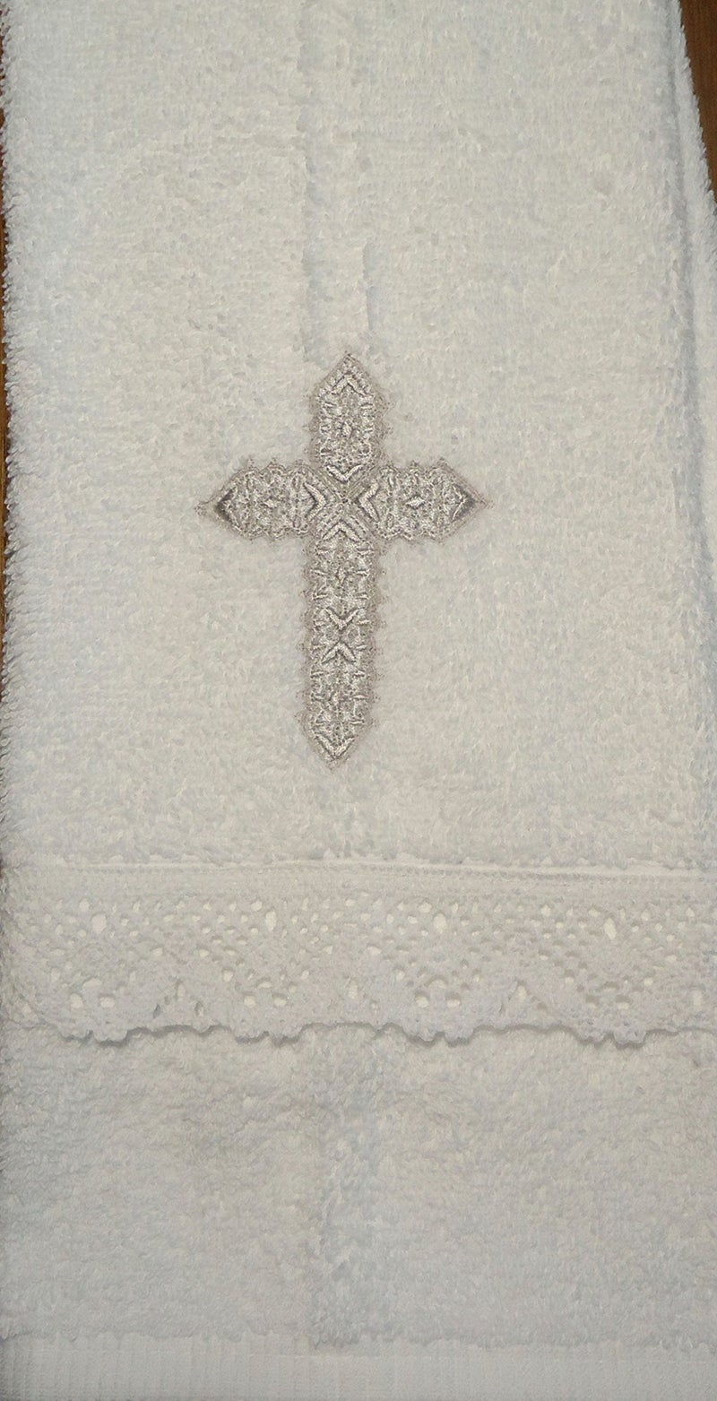 Integrity Designs Baby Baptism Towel with Cross Embroidery and Lace - Image 1