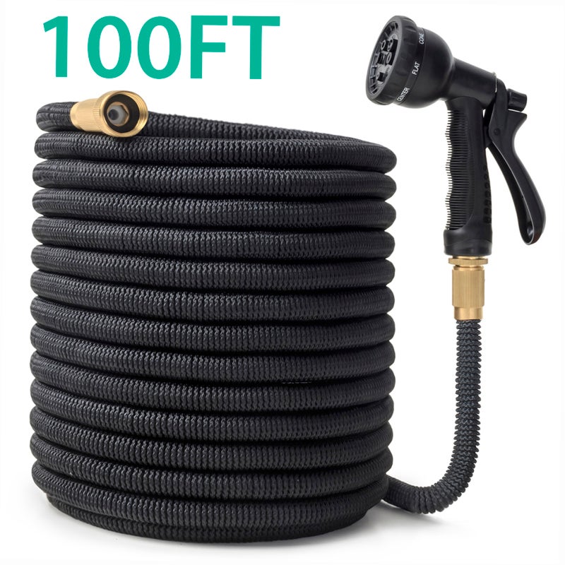 OWSOO Water Hose With 3/4 Brass Fittings Leak-Proof Collapsible Garden Hose - 9 Spray Patterns Nozzle Expandable Water Hose for Outdoor Gardening - Image 1