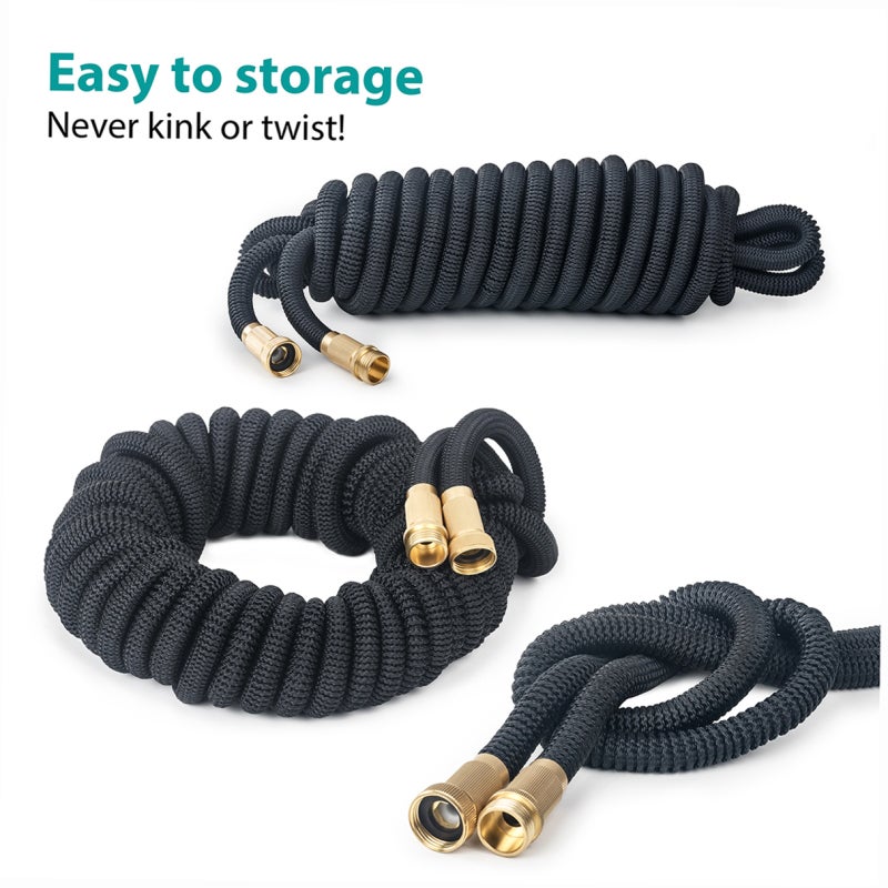 OWSOO Water Hose With 3/4 Brass Fittings Leak-Proof Collapsible Garden Hose - 9 Spray Patterns Nozzle Expandable Water Hose for Outdoor Gardening - Image 3