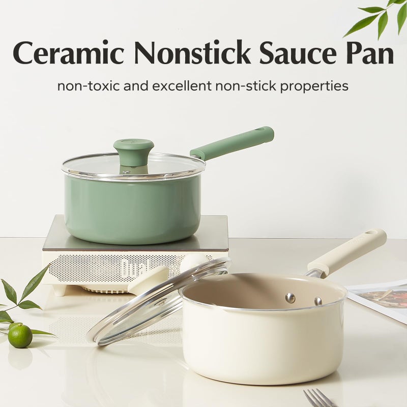 Redchef Ceramic Nonstick Saucepan with Lid, 2.5QT Small Cooking Pot, Non Toxic Sauce Pans for Kitchen, Cool Handle PFAS Free Compatible with All Cooktops, Green - Image 2