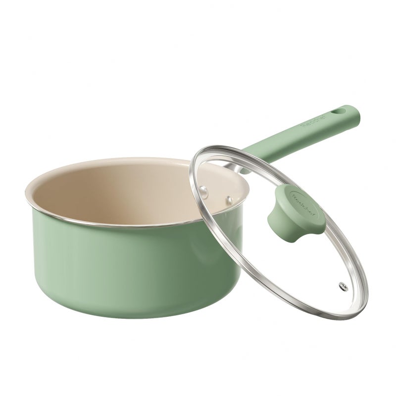 Redchef Ceramic Nonstick Saucepan with Lid, 2.5QT Small Cooking Pot, Non Toxic Sauce Pans for Kitchen, Cool Handle PFAS Free Compatible with All Cooktops, Green - Image 1