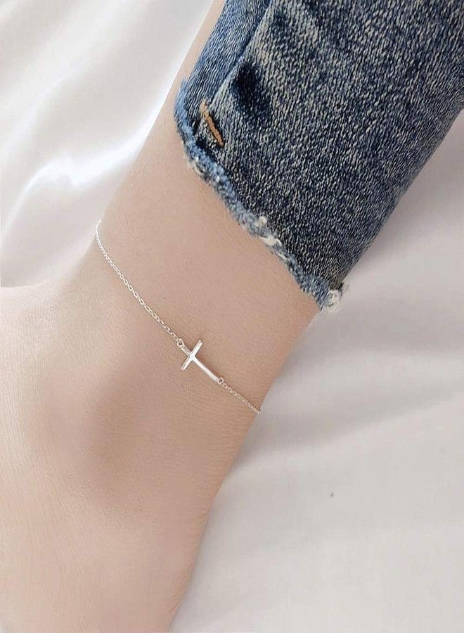 Dtja Cross Anklets for Women Men 925 Sterling Silver Sideways Cross Adjustable Chain Classic Dainty Charm Foot Anklet Bracelet Baptism Birthday Jewelry - Image 2