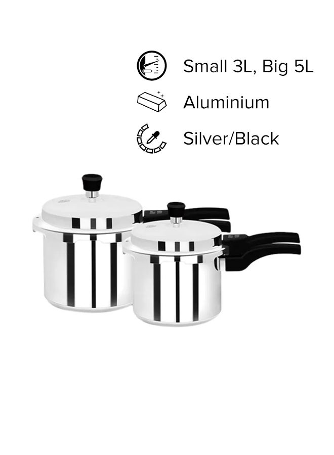 Royalford 3 L + 5 L Aluminum Pressure Cooker Combo-Equipped with Multi-Safety Device and Pressure Indicator| Durable Aluminum Alloy Construction with Firm Handles| Non-Induction Base, Compatible with Gas, Electric, Ceramic and Halogen Cooktops| Silver Silver 5.0Liters - Image 2