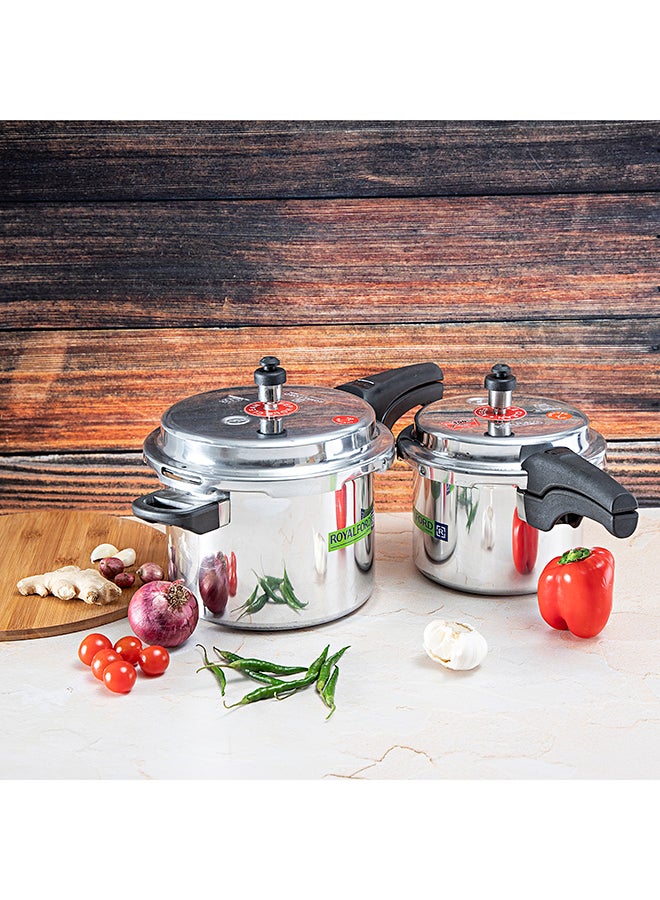 3 L + 5 L Aluminum Pressure Cooker Combo-Equipped with Multi-Safety Device and Pressure Indicator| Durable Aluminum Alloy Construction with Firm Handles| Non-Induction Base, Compatible with Gas, Electric, Ceramic and Halogen Cooktops| Silver Silver 5.0Liters