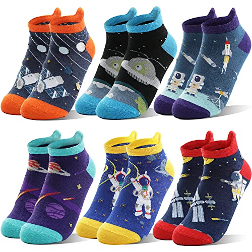 Welwoos Kids Boys Ankle Socks No Show Low Cut Funny Cute Cartoon Novelty Cotton Socks 6 Pairs Gifts Stocking Stuffers for Boys Kids(Space,5-8 Y) - Image 1