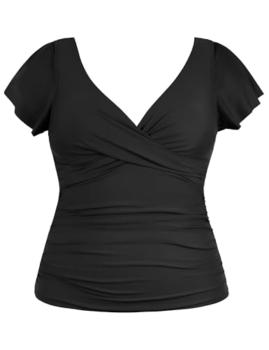 Hilor Black Tummy Control Bathing Suits Top for Women Ruffle Swimsuits Short Sleeve Tankini Top Only 12 - Image 5