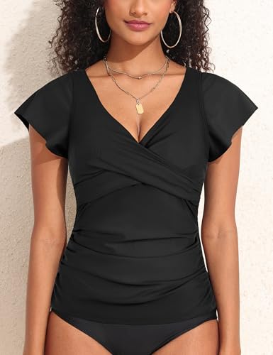 Hilor Black Tummy Control Bathing Suits Top for Women Ruffle Swimsuits Short Sleeve Tankini Top Only 12 - Image 3