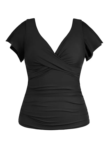 Hilor Black Tummy Control Bathing Suits Top for Women Ruffle Swimsuits Short Sleeve Tankini Top Only 12 - Image 1